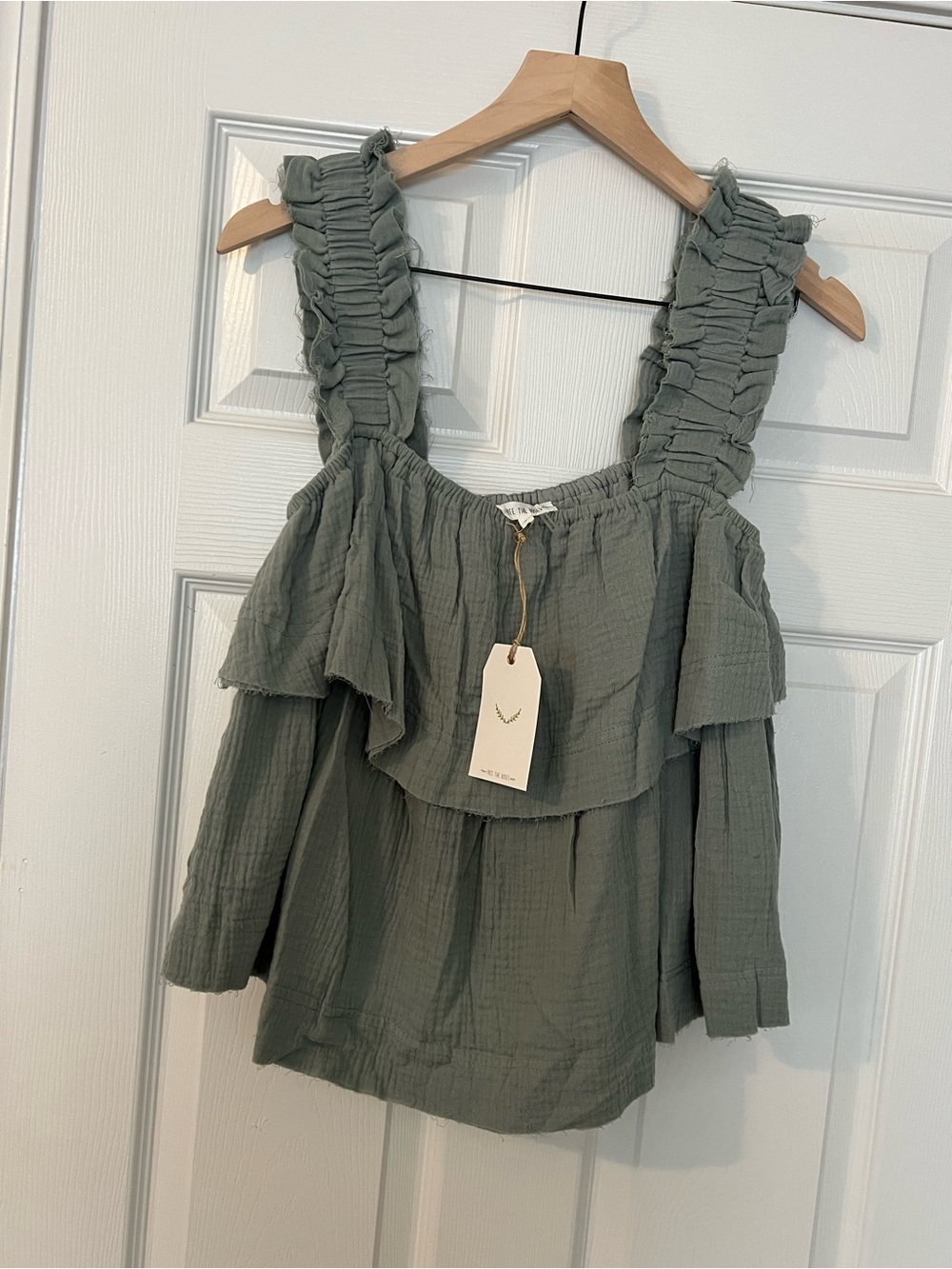 Anthro Free the Roses Sleeveless Ruffle Gauze Top - Sage Green